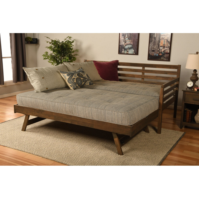 Alhamdi Boho Daybed and Pop-Up Bed with Mattresses, Rustic Walnut, Seaport Blue