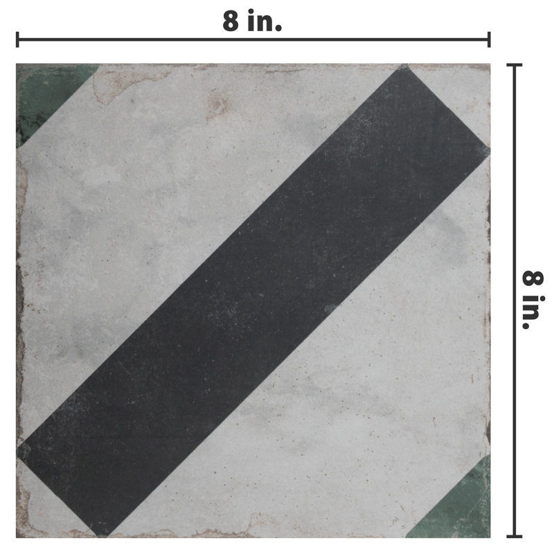 Renaissance Deco 8" x 8" Porcelain Wall & Floor Tile, Black/Gray
