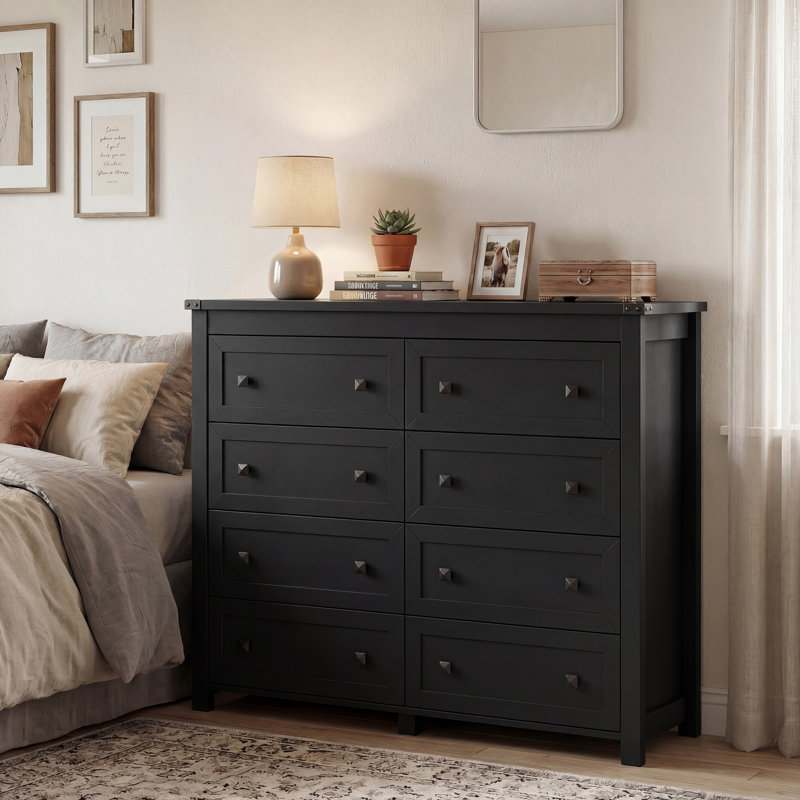 Modern 8-Drawer Chest with Square Black Pulls, Ample Storage Chest for Bedroom & Living Room, Black TV Stand, Multi-Drawer Organizer