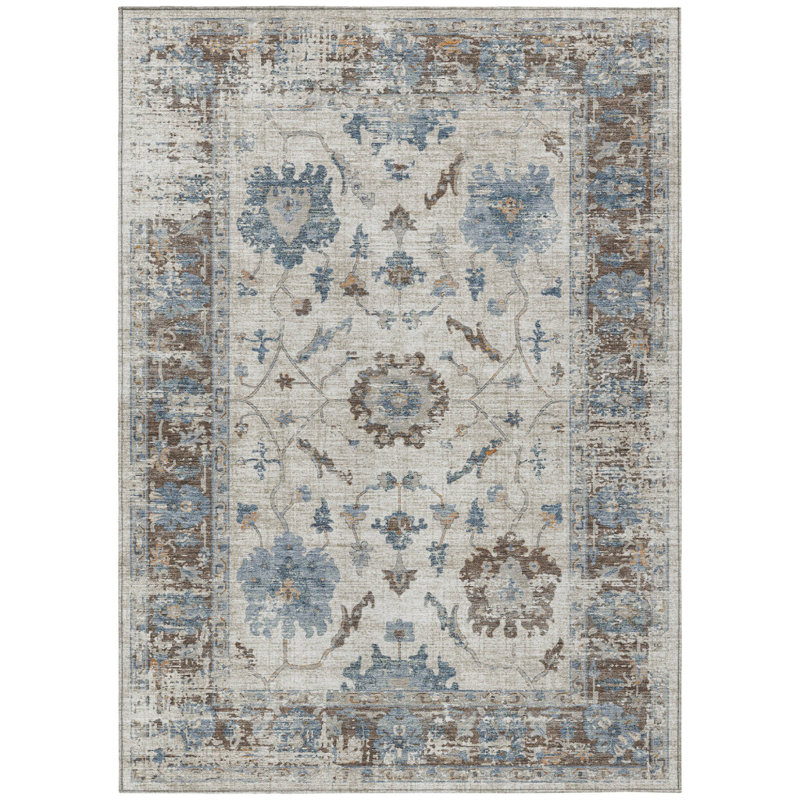 3' X 5' Beige And Blue Floral Washable Indoor Outdoor Area Rug