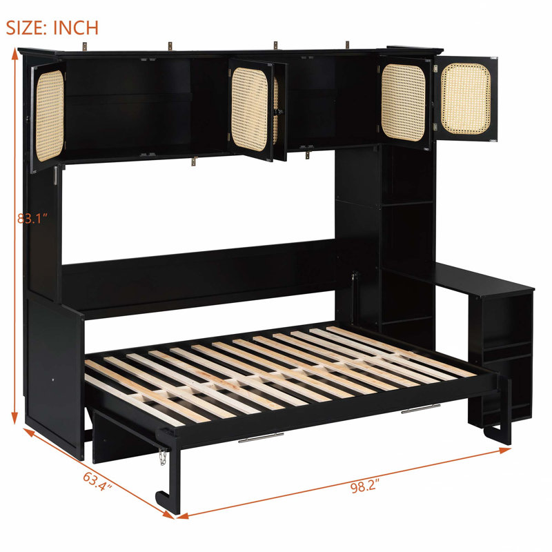 Full Murphy Bed with Desk and Rattan Cabinets, Space-Saving Wall Bed, Black