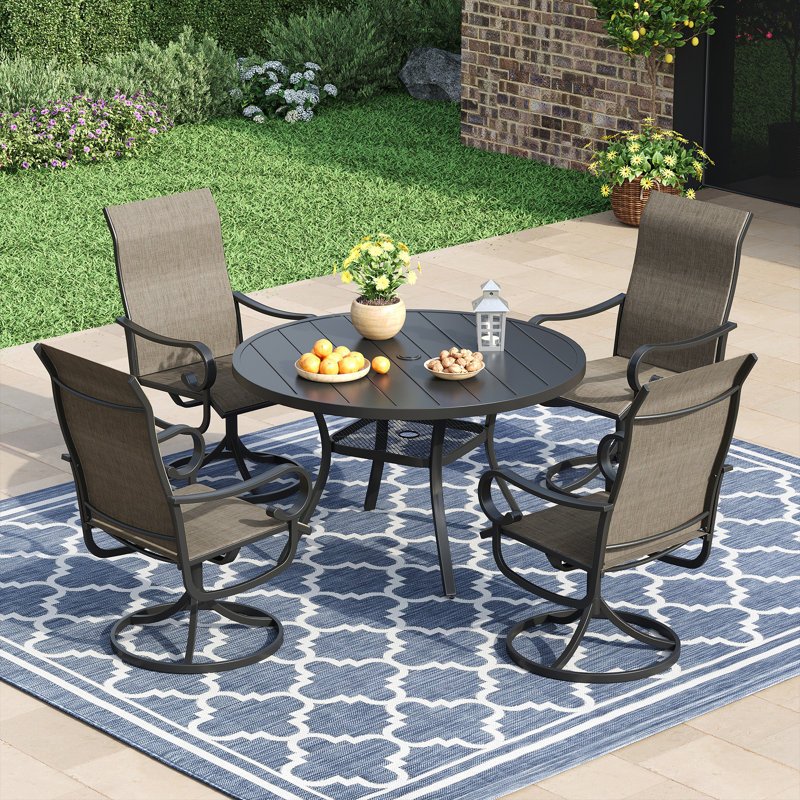 Outdoor Patio Dining Set - 41.7” Round Table with Umbrella Hole & Storage Shelf + 4 Swivel Chairs, Black/Brown