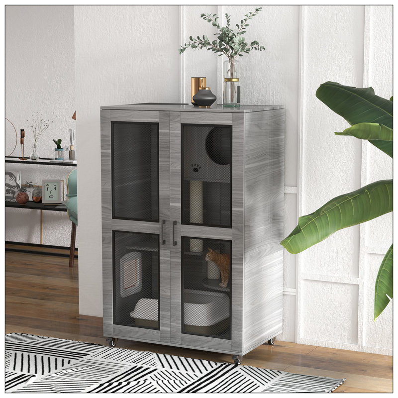 Luxury Cat House With Wheels, Kitty Cage Catio Villa With Scratching Posts, Condo, Flap Door, And Cushion For Indoor Cats