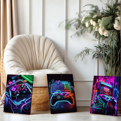 3PCS Wall Arts Posters Framed, Neon Gaming Wall Art Set of 3 Canvas Prints, Vibrant Controller and Retro Console Design, Modern Gamer Room Decor, Colo
