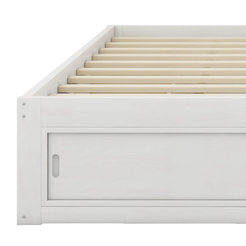 Queen Size Platform Bed Frame With 4 Storage Drawers & Footboard Cubby – No Headboard, Blanc antique