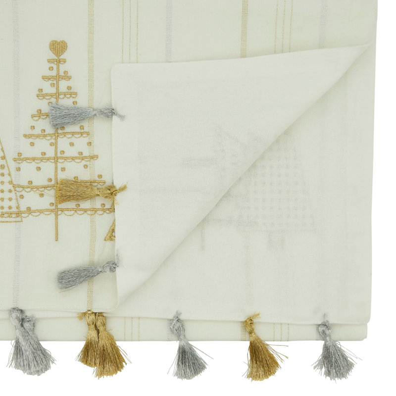 White Cotton Christmas Tree Table Runner with Gold Tassels