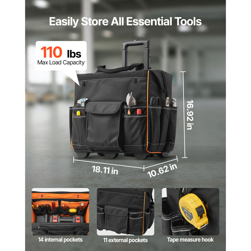 Sac à outils à roulettes, capacité de charge de 50 kg, 25 poches, robuste, avec poignée télescopique réglable et base stable. Parfait pour les électriciens et les ouvriers du bâtiment.