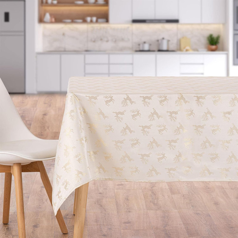 Christmas Tablecloth Metallic Deer Design, Gold;Cream, 132cm W x 178cm L