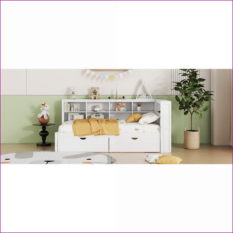 Lit de jour simple en bois de pin massif avec tablette de tiroir et amp; Ports USB blancs pour chambre d'amis, Lit simple