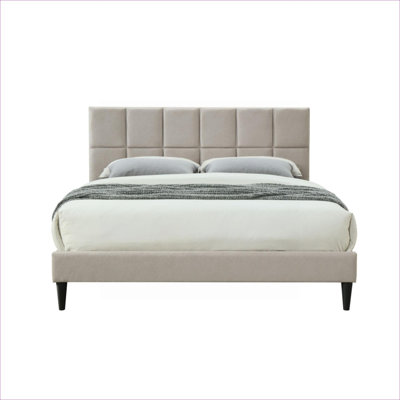 For Bedroom Use: Gray-Toned Upholstered Full Size Platform Bed With Square Headboard and USB Charging