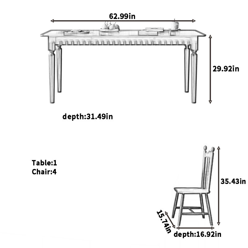 French retro dining table and chair combination, Tan, 29.92"H x 62.99"L x 31.49"W