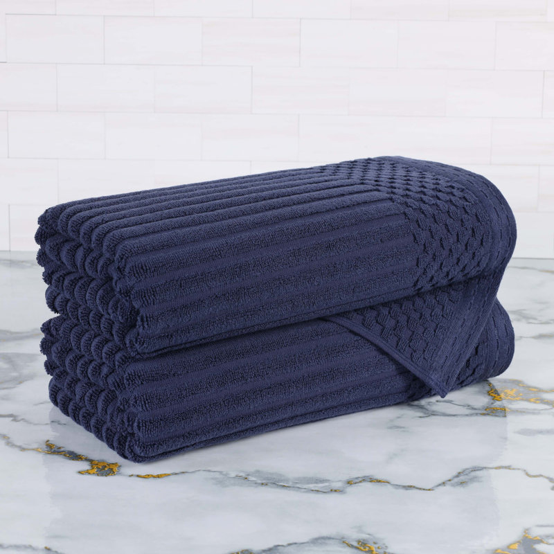 Ruvins Cotton Highly Absorbent Solid and Checkered Border Bath Towel Set, Navy Blue