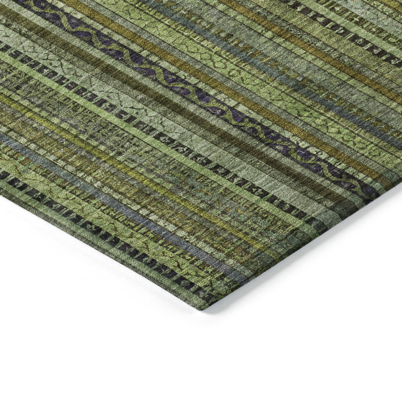 Tapis intérieur lavable rayé vert doré et gris 5 pi x 8 pi