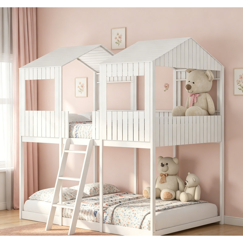 Lit superposé double au-dessus d'un lit double avec toit, fenêtre, garde-corps, échelle, parfait pour jouer et dormir dans des espaces compacts
