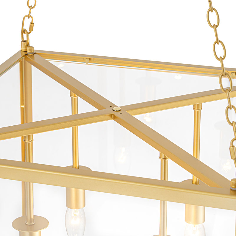 Plafonnier semi-encastré carré moderne Modern Gold, lanterne 4 lumières avec panneaux en verre transparent, hauteur réglable, base E12, homologué ETL