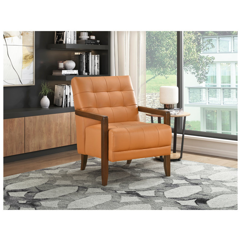 Fauteuil d'appoint moderne en cuir orange avec détails capitonnés et pieds en bois au fini noyer, Cuir fleur orange