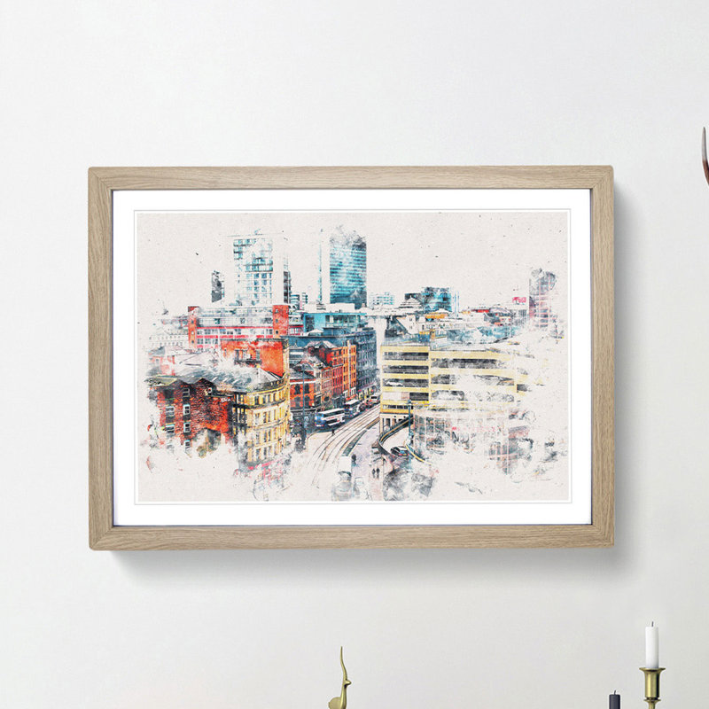 The Manchester Skyline - Picture Frame Painting Print, 45cm H x 63cm W x 2cm D, Oak Framed