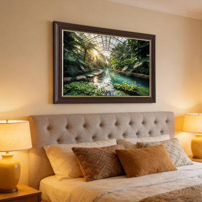 Art mural antique sur toile encadré doré pour le salon, la chambre à coucher, le bureau ou le vestibule - Décoration murale décorative avec jardin tropical