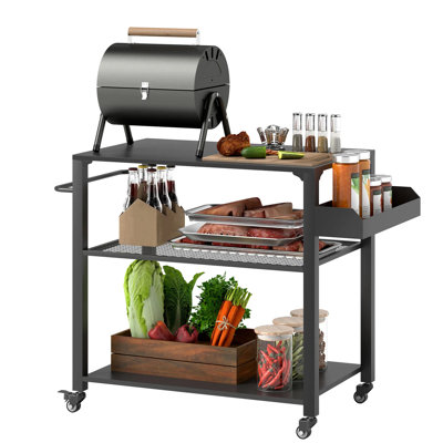 Outdoor Grill Cart With Stainless Steel Tabletop, Movable Pizza Oven Prep Table With Tool Hooks, Side Handle & Lockable Swivel Wheels, Patio Backyard Outdoor Cooking