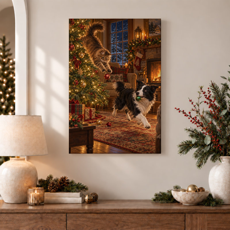 Toile brune brune avec un chat tigré sautant et courant, H 40 po x l 28 po