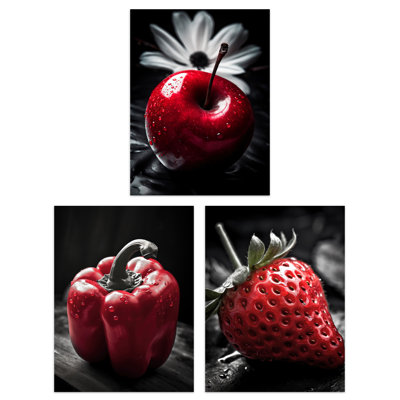 Red Apple Pepper Strawberry on Black White Kitchen Artwork 3 Piece Wall Art