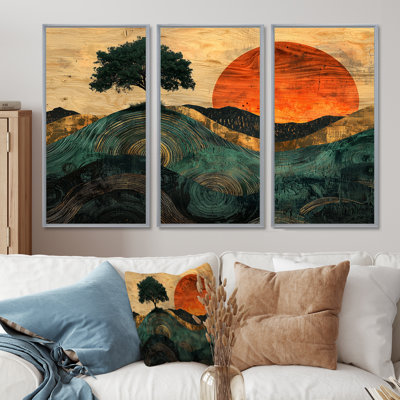 Baobab au lever du soleil avec racines d'Afrique II - art mural arbre - ensemble de 3