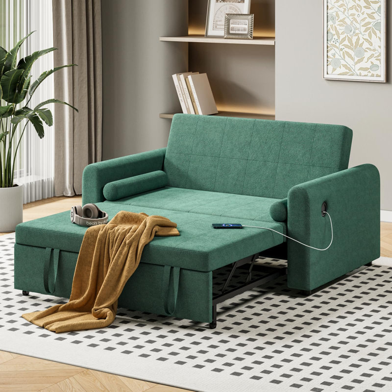 3 Seater Linen Sofa Bed, Green Velvet