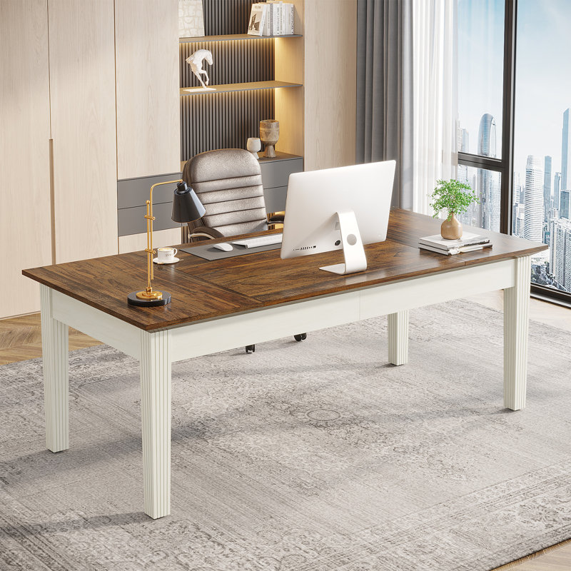 62-Inch Computer Desk, Large Office Executive Desk With Solid Wood Legs, Dark Brown/White