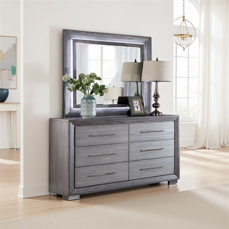 Miroir pour commode Reno, lumières DEL blanches, cadre en bois massif gris de 46 pouces