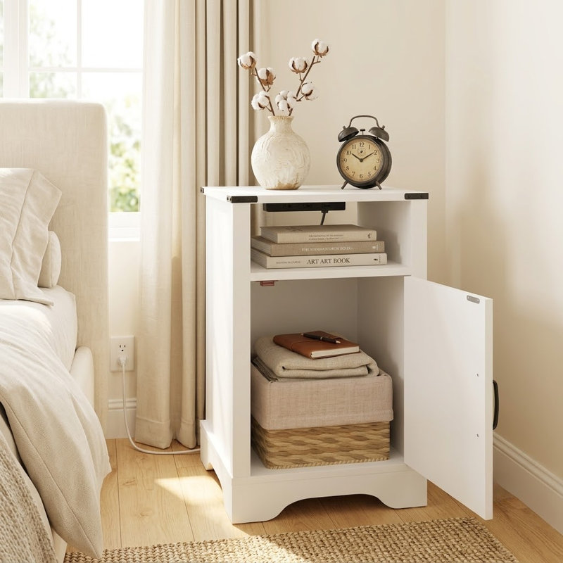 Table de chevet en bois de 25 po de hauteur avec station de charge, table de bout rustique blanche avec armoire de rangement et tablette ouverte