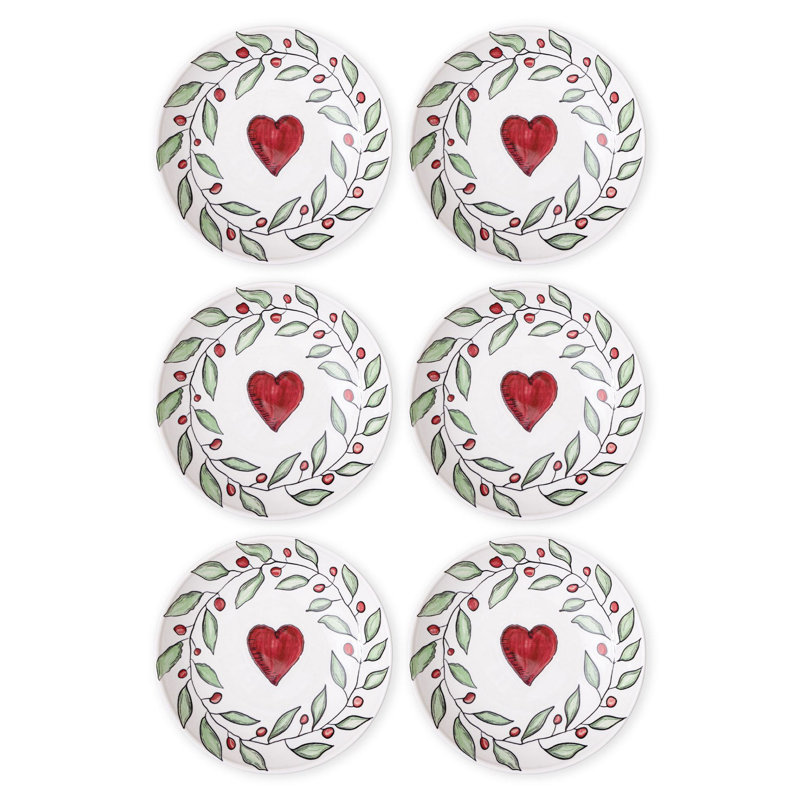 Ensemble d'assiettes à dessert élégantes en céramique (6 pièces), 7,5 x 7,5 x 0,4 pouces | 100% céramique, va au lave-vaisselle, blanc avec des accents rouges et verts | Parfait pour servir des desserts, élégant et durable