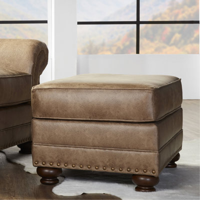 Similicuir - revêtement brun, têtes de clou en bronze antique, pieds en bois, motif uni rectangulaire, dos nu, décoration traditionnelle américaine avec motif brun moyen, thème