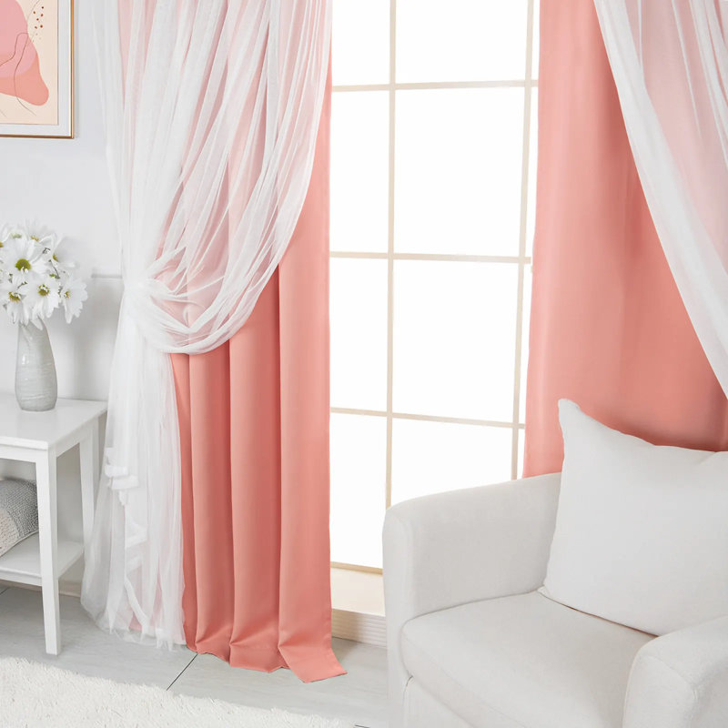 Fortuna Brockham Solid Tulle Overlay Room Darkening Grommet Curtain Panels, Coral, 52" W x 96" L