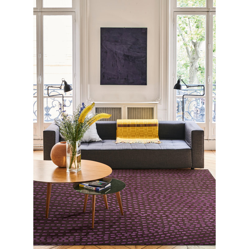 Kantha Hand Tufted Wool Abstract Area Rug in Purple, Rectangle 6'7" x 9'10"