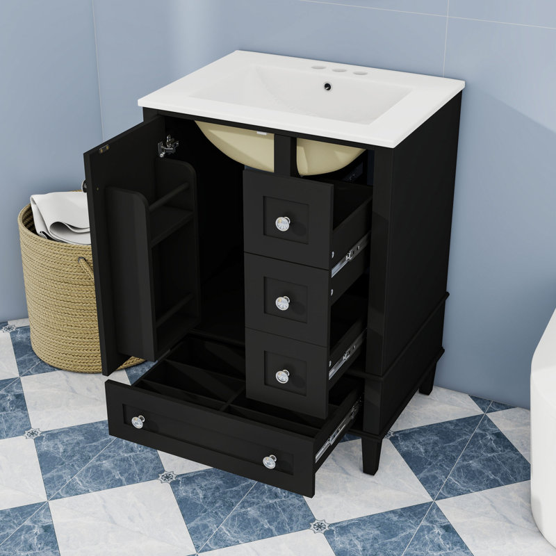 Meuble-lavabo contemporain avec lavabo en céramique, support de porte double couche et charnières à fermeture en douceur