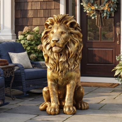  Grande statue de lion d'or 24 po, statue de lion en résine d'extérieur avec résistance à la décoloration, aux fissures et aux dégâts d'eau, sculpture de lion assis avec base lestée pour cour, porche, patio, salon