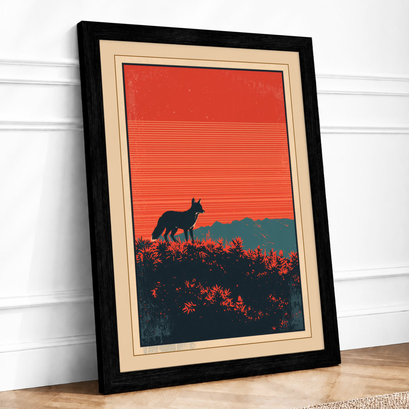 Fox Against Horizon Art Deco - Framed Print, A2 - 59.4 x 42.0 cm, Black
