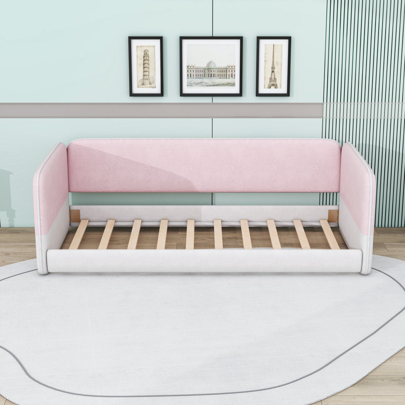 Lit simple tapissier sur pied avec accoudoirs, Pink