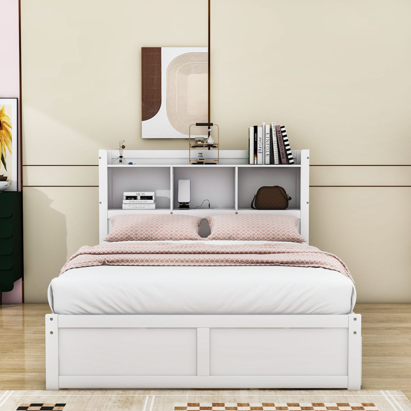 Preli Full Size Wood Platform Bed with Twin Size Trundle,Shelves and Drawers, White