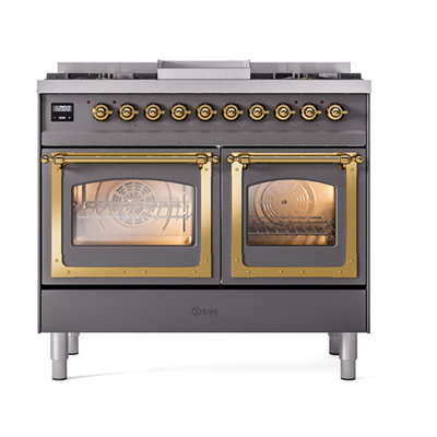 ILVE Nostalgie II Series Noblesse 40 inch Dual Fuel Range with 6 Sealed Burners, Griddle (Glass Door)
