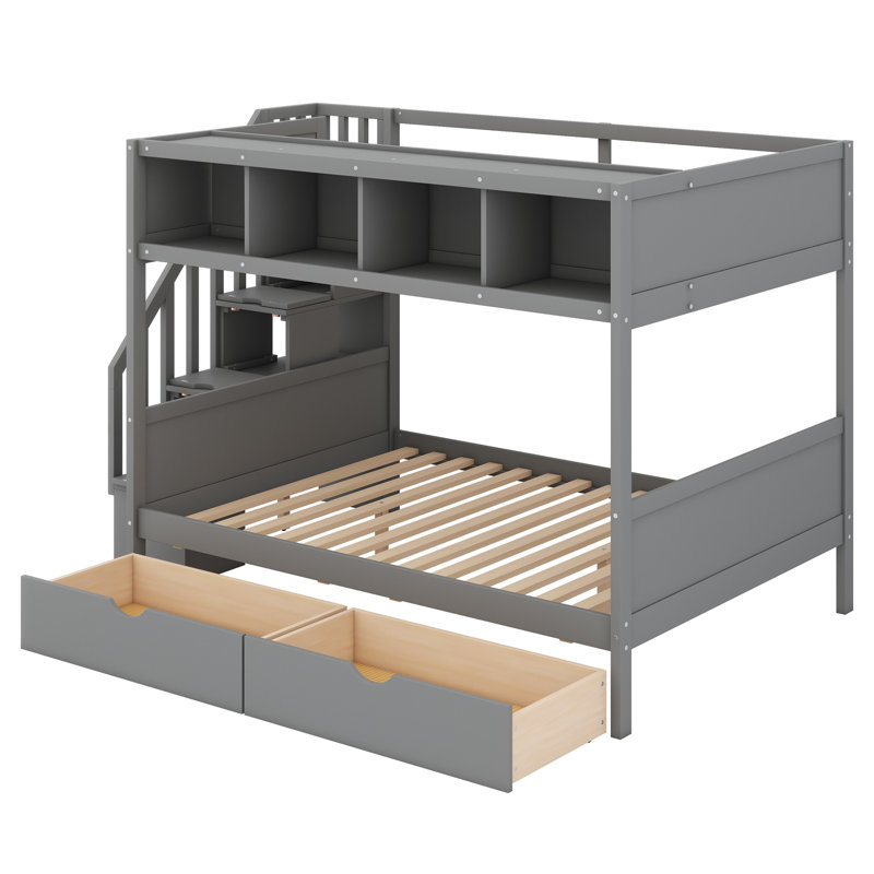 Lit superposé avec tablettes, escalier de rangement et 2 tiroirs, Gris
