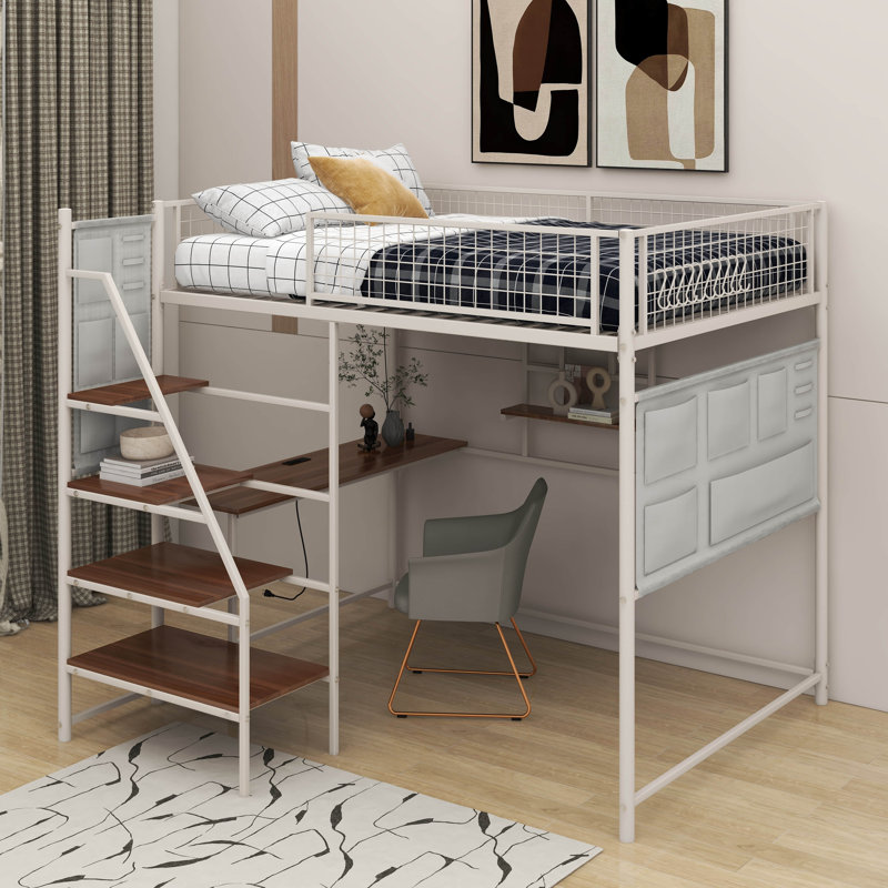 Full Size Loft Metal Bed With Built-In Charging Station And LED Light, White