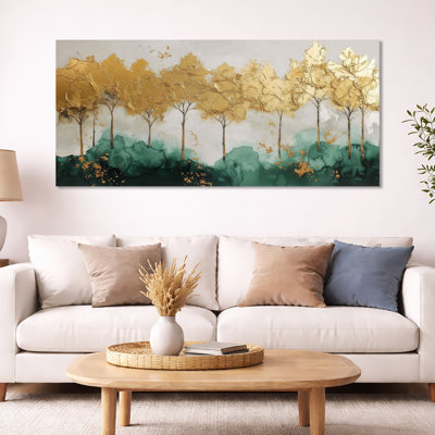 Gold Green Elegant Gold Forest Line II – Serene Framed Canvas Print, Moody Large Wall Art