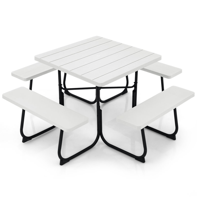HDPE Picnic Table Bench Set With Umbrella Hole For 6-8, White
