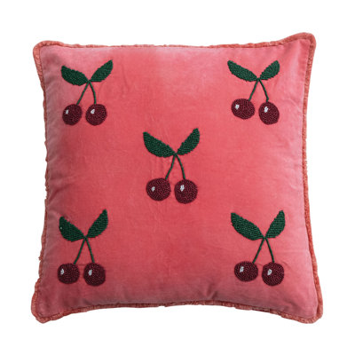 Cotton Velvet Pillow With Hand-Beaded Cherries And Eyelash Fringe