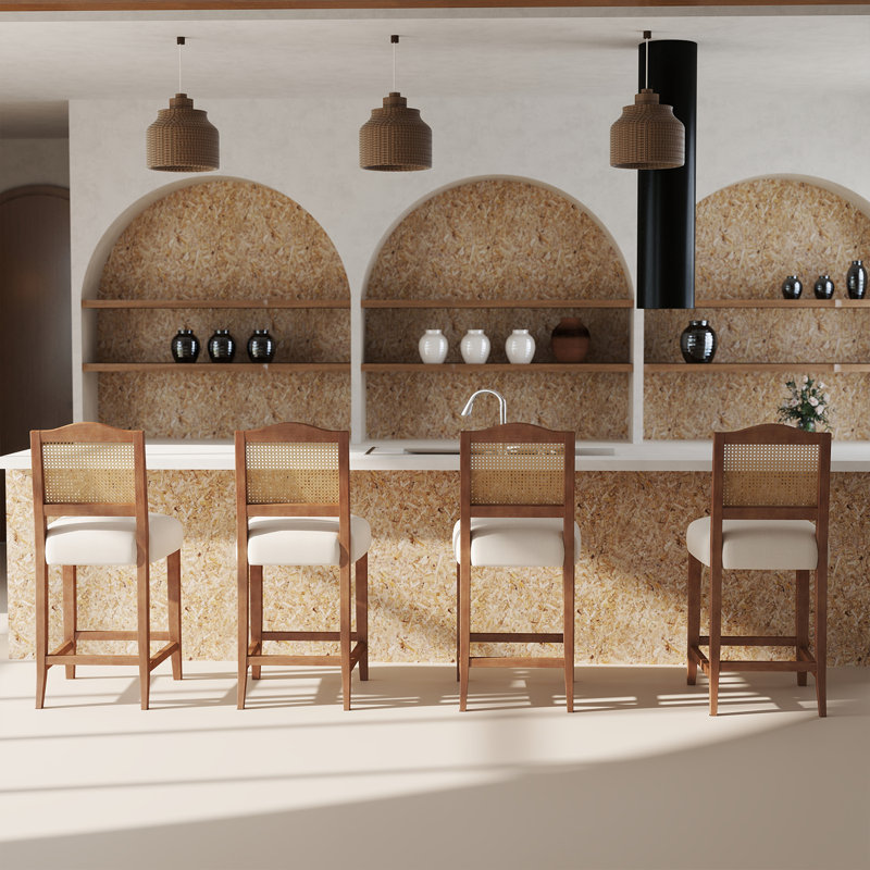 Counter Height Bar Stools Farmhouse Barstools With Rattan Back Comfortable Upholstered Bar Chairs For Kitchen Island, 4