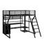 Lit mezzanine double en métal avec poste de travail intégré, garde-robe ouverte, DEL et rangement multiple