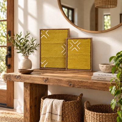 Mustard Yellow African Mudcloth Framed Wall Art, Authentic Textured Floating Frame