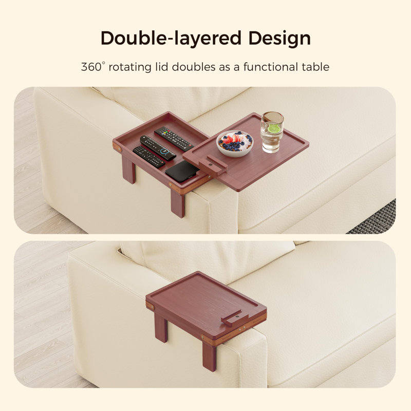 Rose Brown Sofa Armrest Tray With Storage Box, Bamboo Couch Arm Table With 360° Rotating Tabletop And Phone Stand, Adjustable Sofa Arm Clip Table