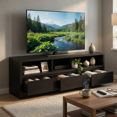 Rutvy TV Stand Media Console With 3 Drawers, Open Shelves, Black Wood